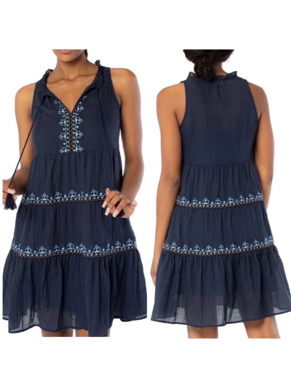 โ๏ธLovestitch Navy Tiered Embroidered Sleeveless Dress size L GUC
